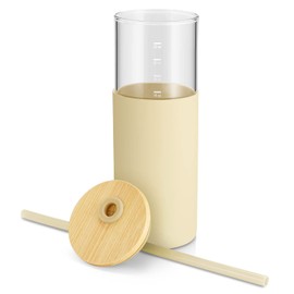 Tronco 24 oz Glass Tumbler with Straw and Lid - Glass Cup with Lid and Straw, Smoothie Cup, Iced Coffee Cup - Bamboo Lid and Protective Silicone Sleeve - BPA-Free