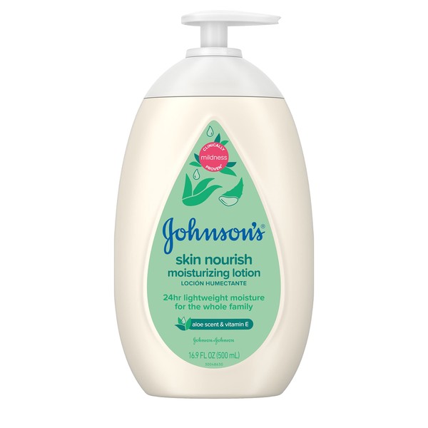Johnson's Skin Nourish Moisturizing Baby Lotion with Aloe Vera Scent & Vitamin E, Gentle & Lightweight Body Lotion for The Whole Family, Hypoallergenic, Dye-Free, 16.9 fl. oz