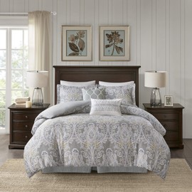 Harbor House Cozy Cotton Comforter Set - Classic Modern Design, All Season Down Alternative Casual Bedding, Matching Shams, Hallie, Damask Grey Full(80"x90") 6 Piece