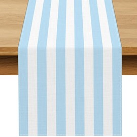 Camino de mesa a rayas color azul claro y blanco con temática costera, decoración de boda, fiesta, cumpleaños, baby shower, comedor, cocina, decoración de mesa (13 x 72 pulgadas)