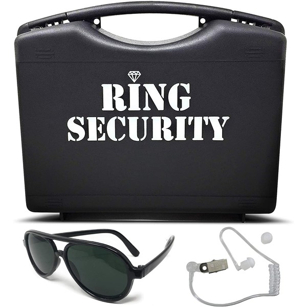 Wedding Ring Security Box with Black Sun Glasses and Top Secret Spy Ear Piece Ring Bearer Gifts Special Agent Ring Bearer Suitcase for Kids