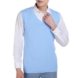 Men Women Knitted Cotton V-Neck Vest JK Uniform Pullover Sleeveless Sweater School Cardigan Sky Blue