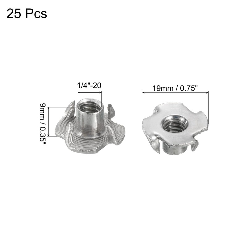 sourcing map 1/4"-20 T-nut 25pcs 304 Stainless Steel 4 Pronged