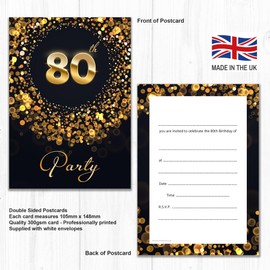 Olivia Samuel 20 x 80th Birthday Party Invitations with Envelopes - Ready to Write - Black and Gold Effect - Designed and Printed in the UK
