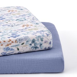 TILLYOU Muslin Mini Crib Sheets 2 Pack, Pack and Play Mattress Sheets Fitted for Pack N Play, 38'' x 26'' Sheet for Toddler, Blue Flower