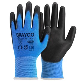KAYGO KG11P Work Gloves for Men and Women, 12 Pairs, PU Coated Protective Gloves, Non-Slip Grip on Palms and Fingers, Suitable for General Work Warehouse DIY, KG11P (Blue, XL, Size 10)