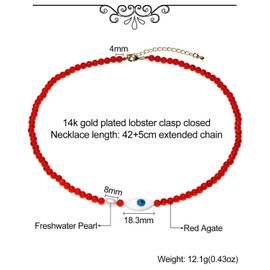 Xfoxstal Simple Crystals Beaded Necklaces for Women Freshwater Pearl and Shell Evil Eye Necklace Protection Good Luck Jewelry (Red Agate)