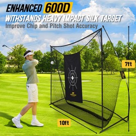 PodiuMax Golf Net, 10x7ft Golf Practice Net with Noise Reduce Silk Target Driving Real Balls, Hitting Nets for Backyard Garage, Improve Chipping Putting Pitching, Gift for Men & Golfers