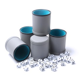 5 Pack PU Leather Dice Cups Felt Lining Quiet Shaker with 30 Dot Dice for Bar Party Yahtzee Farkle Dice Games, Grey