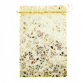 QIANHAILIZZ 8 x 12 Inch 100 Drawstring Heart Flower Bags Organza Jewelry Gift Pouch Candy Pouch Drawstring Wedding Favor Bags (gold flower)