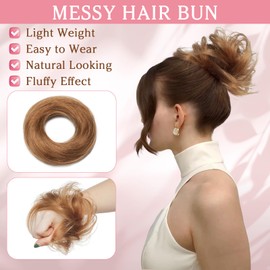 Benehair Human Hair Bun Tousled Updo Elastic Hair Bun Hairpiece for Women Donut Accessories Scrunchies Elastic Easy Scrunchie for Girls #6 Light Brown 17g