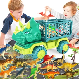 Dinosaur Truck Toy for Kids 3-5 Years Old, Triceratops Transport Car Carrier Truck with 15 Dino Figures Activity Play Mat Dinosaur Egg and Trees Dinosaur Escape Play Set Boys Girls Easter Birthday