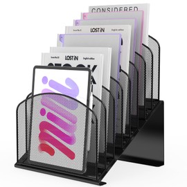 Organizador de archivos de escritorio inclinado, soporte de metal para carpetas de revistas, con compartimentos verticales de 8 secciones, organizador