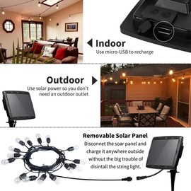 Solar String Lights, 15 Bulb Sockets (15m 48ft) USB Rechargable, Ground and Wall Attachable + Spare Bulb
