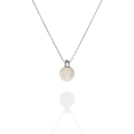 QUADRI 925 Silver Pearl and Zircon Necklace - Round White Freshwater Cultured Pearl 9mm - Length 45+3cm Extender - Made in Italy - Free Gift Box, Silver, Pearl