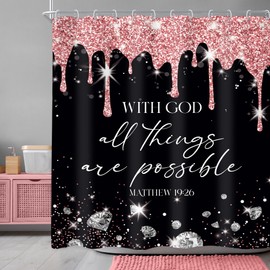 Newsely Black Pink Diamonds Quotes Shower Curtain 60Wx72H Inch (No Glitter) Modern Black White Bible Verse Luxury Christian Scripture Bathroom Set Women Waterproof Decoration Accessories Home Decor