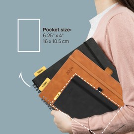 POPRUN 2026 Pocket Diary A6 Week to View Spiral Bound PU Leather Soft Cover 16 x 10.5 cm Appointment Work Book - 26 Small Weekly Planner & Notebook in One (Soft Pink）