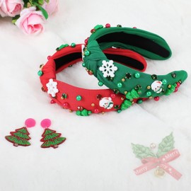 Gmmidea 2PCS Christmas Knotted Headbands for Women Girls Xmas Bow Tree Snowflake Headband Pearl Crystal Embellished Hairband Festive Christmas Hair Accessories with Earrings