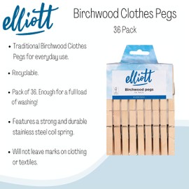 Elliott 36 FSC Strong Grip Hardwood coil spring clothes Pegs for washing lines, clothes horse and Arts & crafts use, free from plastic and 100% recyclable, for all laundry types