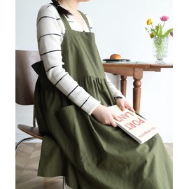 Aimoha Cafe Apron, Flare, One-Piece Apron, Women's, Gardening, 100% Cotton, Natural Cafe Style Apron, Green