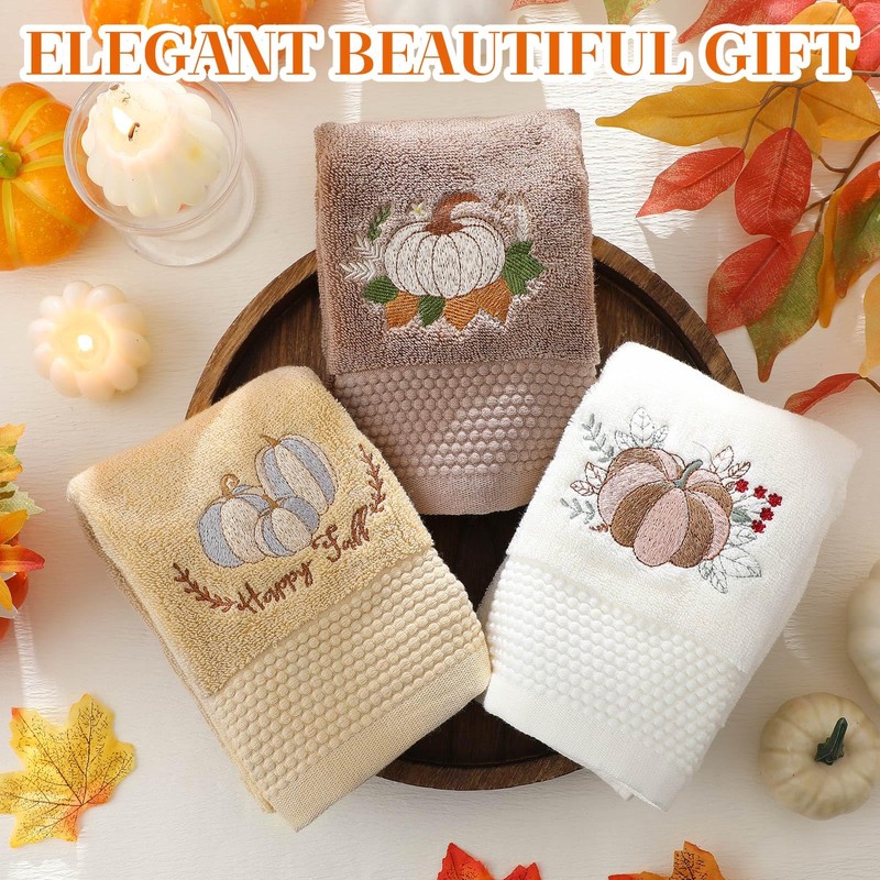 FuWeave 3Pcs Thanksgiving Hand Towels Fall Pumpkin Brown Hand Towels