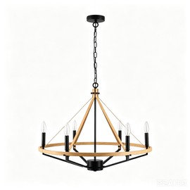 PAPAYA Farmhouse Wagon Wheel Chandelier, 28 Inch 6-Light Rustic Pendant Light, Black Wood Grain Ceiling Light Fixture for Dining Room Kitchen Island Living Room Foyer