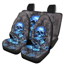 Modysero Blue Skull Rose Car Front Rear Seat Covers Car Decor Interior Accessories,4 Pcs Soft Split Auto Seat Protector for Women Mans Waterproof Seat Covers for Cars SUV Trucks