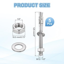 sourcing map 5 Pcs Wedge Anchors, 1/2" x 5" Stainless Steel Concrete Anchors Bolts, Heavy Duty Standard Fastener for Cement Wall Base Bracket (Include Washers Nuts, Silver Tone)