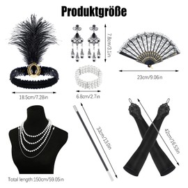 HEQU 7 Pack 1920s Accessories Set, Flapper Accessories with Feather Headband Long Gloves Accessories for Women(Black)