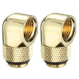 sourcing map 2pcs 90 Degree Elbow Water Cooling Adapter G1/4" Thread Male to Female Compression Connector Fitting Copper Extender Fitting for Computer PC Water Cooling System, Gold