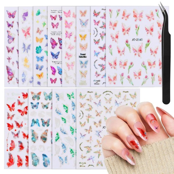 Sinyanail 12 Sheets 3D Butterfly Nail Art Stickers Self-Adhesive Aurora
