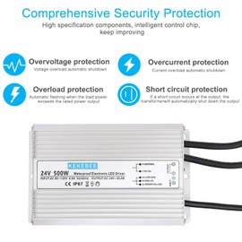 KEKEBEE LED Driver 24V500W Waterproof Power Supply 24V DC 20.8A Low Voltage Switching Power Supply Suitable for Street Lights Lawn Lights LED Outdoor Landscape Lights Waterproof Transformer