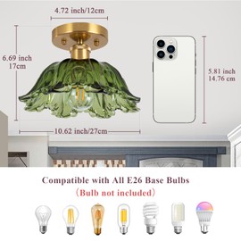 Nogcew Semi Flush Mount Ceiling Light, Vintage Ceiling Light 11", Green Shade Glass Light Fixture for Kitchen Bedroom Dining Room,Bulb not Included