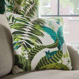 restmor Tropical Leaf Cushion Covers in Green and Blue Floral Print Hummingbird Cushion cases pillow cases Piped Trim Square covers