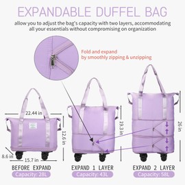 VOOWO Rolling Duffle Bag, Expandable Foldable Carry On, Large Weekend Bag with Spinner Wheels, 28-58L, Purple