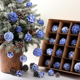 VioraWhite 36 Pcs Christmas Chinoiserie Ball Ornaments Blue and White Chinoiserie Tree Decoration Christmas Tree Hanging Ornaments Blue White Fabric Wrapped Xmas Decorations for Party, 3 Sizes