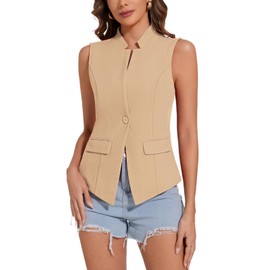 MINTLIMIT Ladies Sleeveless Waistcoat Jacket One Button Down Top Blazer Vest Tuxedo Suit (Khaki M)
