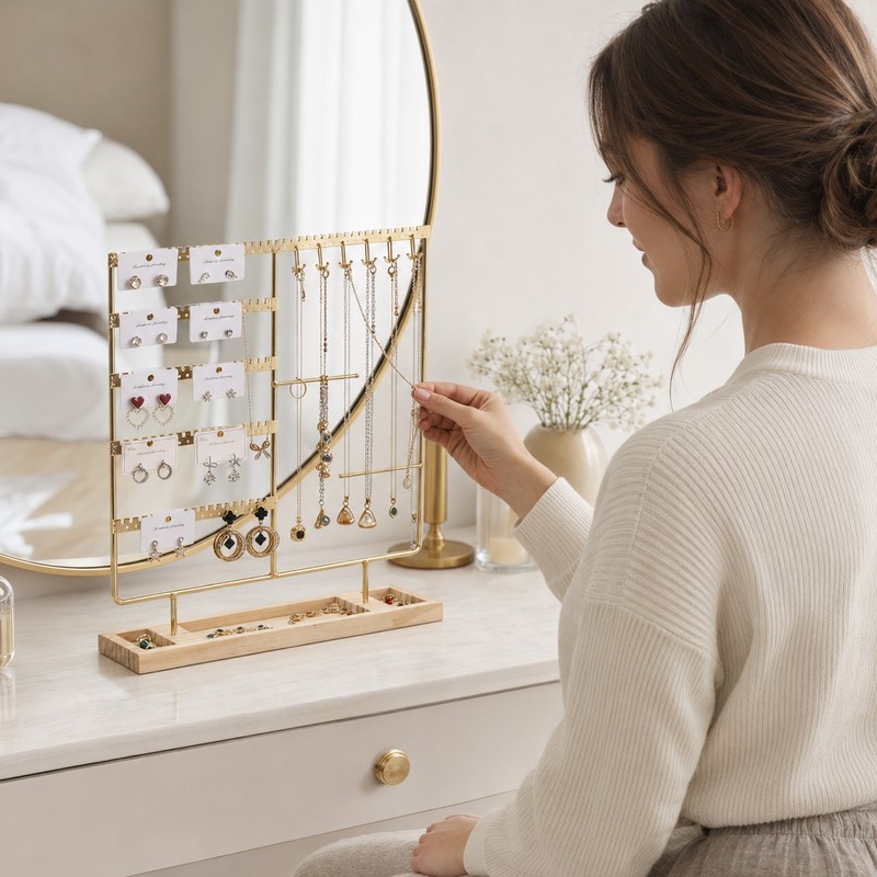 Metal Jewelry Organizer Stand with Wooden Tray, Multi-Tier Earring, Necklace,