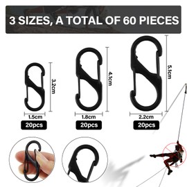 TOKSEO Pack of 60 S Carabiners, 50 mm/40 mm/32 mm Metal Anti-Theft Double Carabiner, Mini Carabiner for Outdoor Camping, Hiking, Key Hanging (Black)
