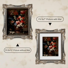 FJXMFRAME Vintage Picture Frame 8x10, Ornate Baroque Gothic Victorian Frames with Mat for 5x7 or 8x10 Photos, Tabletop or Wall Display, Antique Silver Home Decor Accent