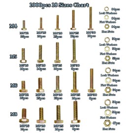 1000pcs Metric Bolt Kit, Nuts and Bolts Assortment Kit, M4 M5 M6 M8(12-30mm) Grade 8.8 Metric Bolt Assortment, Nuts and Bolts, Yellow Zinc Plated Coating, 18 Sizes