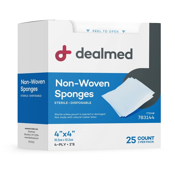Dealmed Sterile Non-Woven Non-Stick Gauze Sponges – 25 Count, 4-Ply, 4’’ x 4’’ Post-Op Gauze Pads, Two Individually Wrapped Gauze Sponges Per Pack for Wounds, First Aid, Medical & Dialysis Facilities