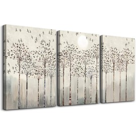 Trees And Birds Abstract Paintings Canvas Prints Wall Art For Bedroom Bathroom Wall Decor Office Artworks Pictures Wall Decorations For Living Room,3 Piece Sunrise And Sunset Modern Home Decoration