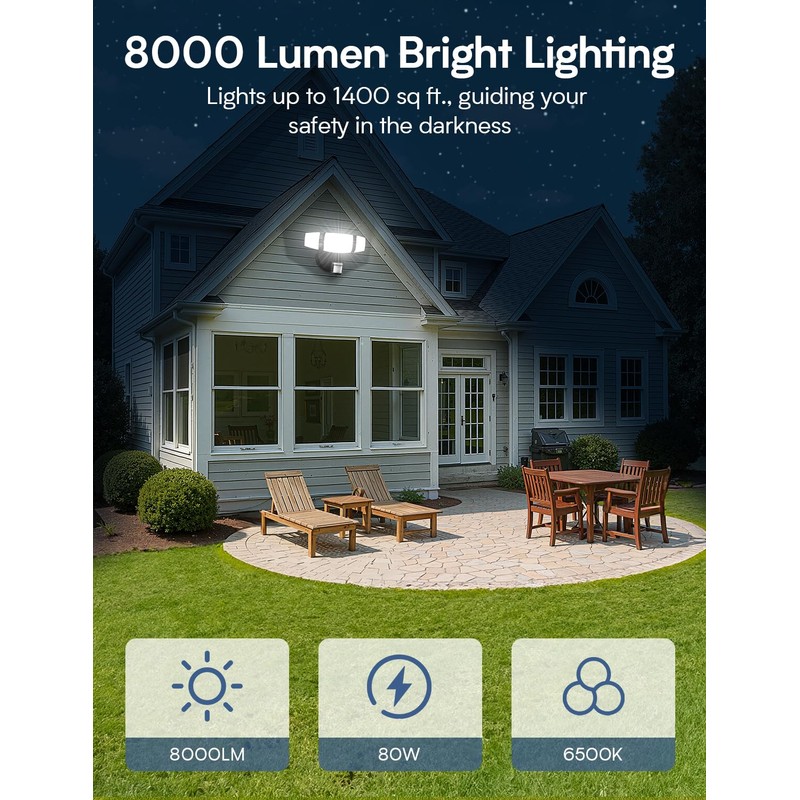 Olafus 80W Motion Sensor Outdoor Lights, 8000lm Hardwired Motion Flood
