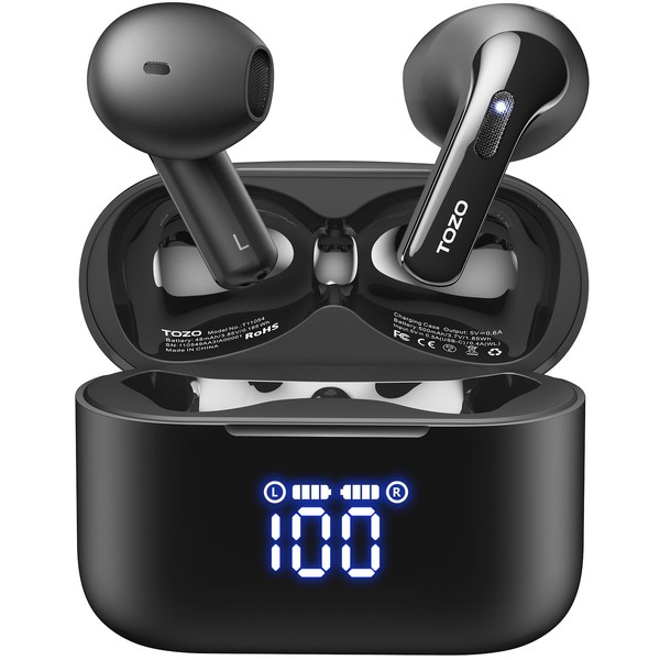 TOZO Tonal Fits(T21) Earbuds Wireless Earbuds Bluetooth Kopfhörer mit LED Digital Display, Dual Mic Call Noise Cancelling mit Wireless Charging Case Schwarz