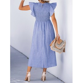 CUPSHE Women's Square Neck Striped Smocked Dress Ruffled Cap Sleeves Dress A Line Maxi Formal Dress