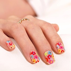 Colorful Cute Nails - False Nails Short Oval with Flower - Removable Summer Rainbow Acrylic nails - 24pcs Long Lasting Stick on Nails for Women Girls Nail Art