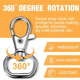 KSJEHW Pack of 20 Key Carabiners, Swivel Carabiner Keyrings, D-Ring Key Rings Stainless Steel with 360° Rotating Eyelet Ring for Macrame Accessories and DIY Crafts (Silver, Inner Width 14 mm