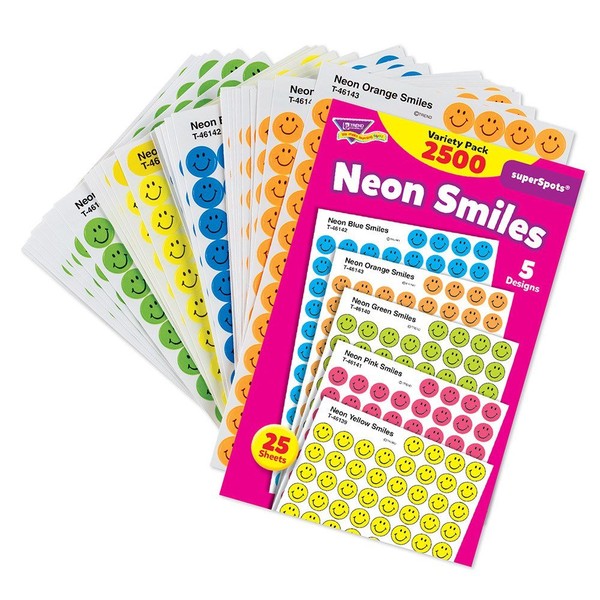 Trend Enterprises Inc SuperSpots and SuperShapes Sticker Variety Packs, Neon Smiles, 2,500/Pack T1942