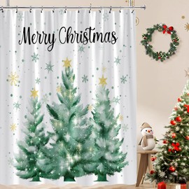 UPUMKSK Green Christmas Tree Shower Curtain Cute Pine Trees Snowflake Xmas Holiday Snowy Winter Forest Happy New Year Bath Curtain with Hooks